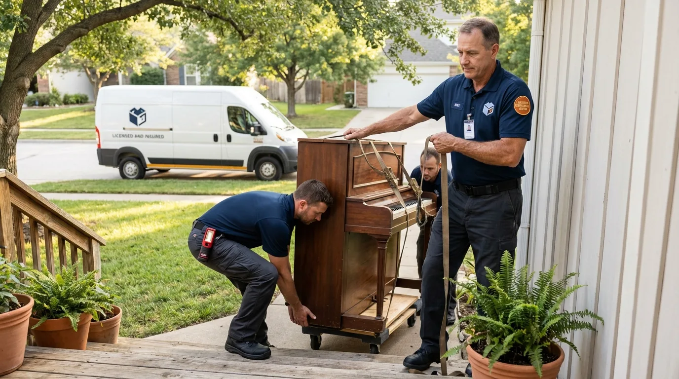 Licensed piano movers securing grand piano in Jay, OK